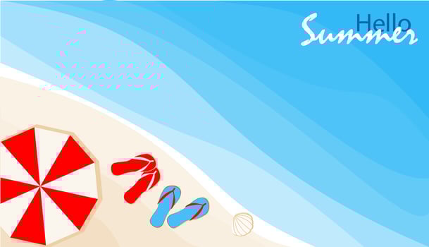A vibrant summer day at the beach features a red and white striped umbrella next to colorful flip-flops on the soft sand. The clear blue water sparkles under the sun vector