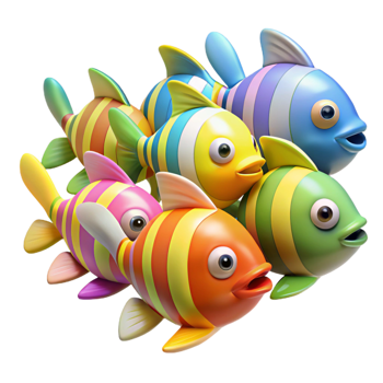 quintessential retro A school of colorful tropical fish. NO BACKGROUND with Transparent Background. detailed png