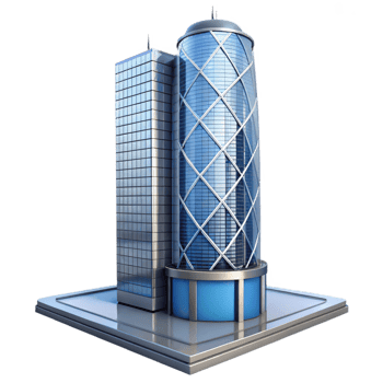celebrated contemporary Modern skyscraper, glass and steel, NO BACKGROUND with Transparent Background. expertly shot png
