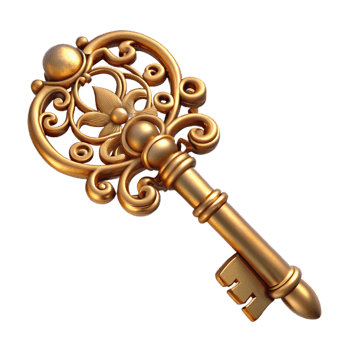 stunning nostalgic mid-century A vintage steampunk key with intricate filigree design. NO BACKGROUND with Transparent Background. 4K png