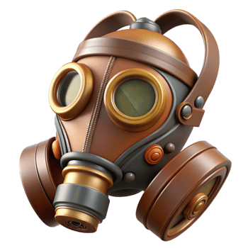 mesmerizing art deco Steampunk gas mask with filter canister and leather straps. NO BACKGROUND with Transparent Background. high resolution png