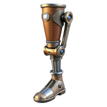 impressive dynamic coastal Steampunk prosthetic leg with articulated joints and metal plating. NO BACKGROUND with Transparent Background. fine detail png