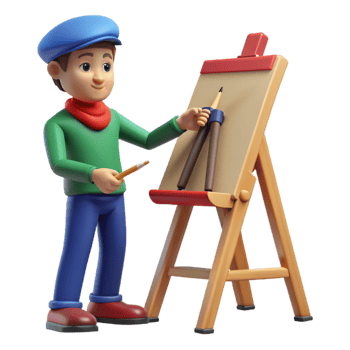 memorable minimalist Artist painting on a canvas just the artist, NO BACKGROUND with Transparent Background. high quality png