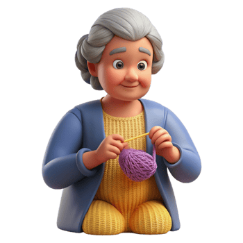 impressive intense bohemian Senior woman knitting, NO BACKGROUND with Transparent Background. flawless png