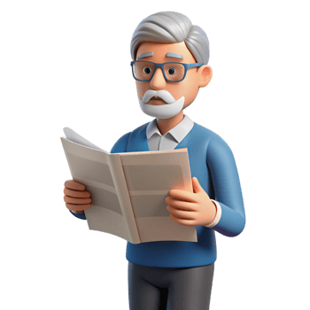 elegant dynamic artistic Senior man reading a newspaper just the man, NO BACKGROUND with Transparent Background. original png