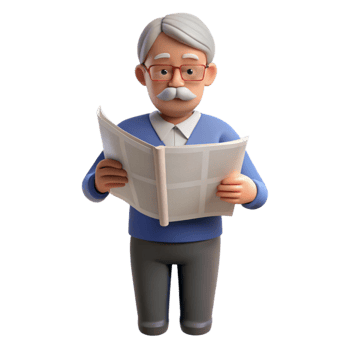 elegant mid-century Senior man reading a newspaper just the man, NO BACKGROUND with Transparent Background. detailed png