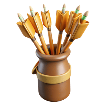 energetic dramatic A quiver full of arrows, fletched with eagle feathers, NO BACKGROUND with Transparent Background. authentic png