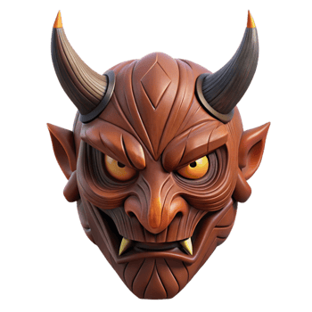 playful magnificent A horned demon mask, carved from dark wood. NO BACKGROUND with Transparent Background. detailed png