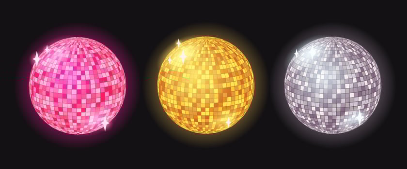 Set of colorful disco balls. Glowing glass spheres for retro party. Pink, gold and silver disco balls. cartoon illustration vector
