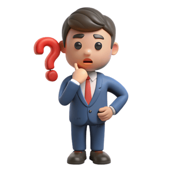 Pensive 3D Cartoon Businessman with Red Question Mark on Transparent Background png