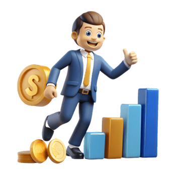 Cartoon Businessman Climbing Bar Graph With Golden Coins on Transparent Background png
