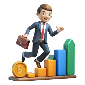 Happy Cartoon Businessman Running Up Colorful Bar Chart with Transparent Background png
