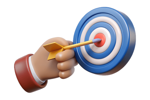 3D Hand Holding Dart Hitting Bulls Eye Target, Accuracy on Transparent Background png