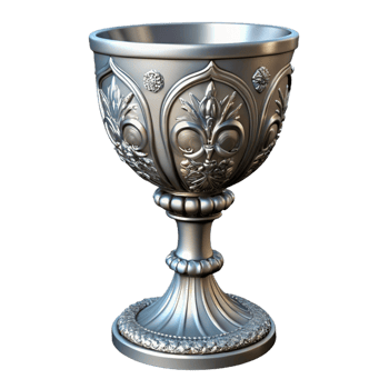 exquisite celebrated A single, ornate silver chalice adorned with intricate carvings. NO BACKGROUND with Transparent Background. png