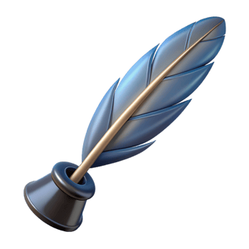captivating rare A single, stylized feather pen, quill dipped in ink. NO BACKGROUND with Transparent Background. png