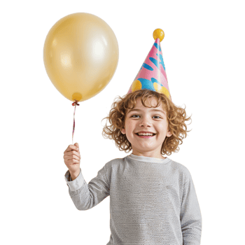 Happy little boy with party hat and balloons png