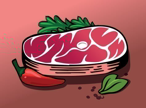 Delicious Steak Illustration with Garnish. A mouth-watering digital illustration of a juicy steak with herbs and chili pepper on a warm background. vector