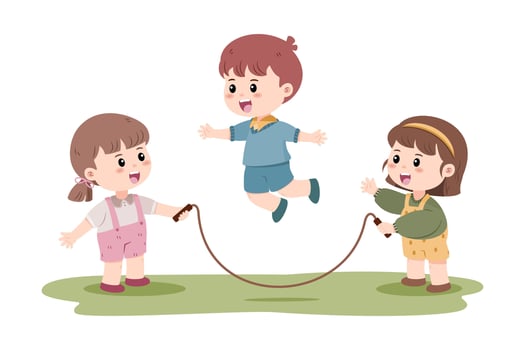 Three children play jump rope outdoors vector
