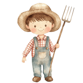 Cartoon boy farmer holding fork on transparent background. png