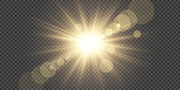 Realistic yellow sun rays, golden light with glare vector