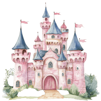 Watercolor pink castle art on transparent background. png