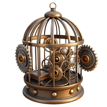 sumptuous modern Steampunk birdcage with intricate wirework and gear mechanisms. NO BACKGROUND with Transparent Background. exclusive png