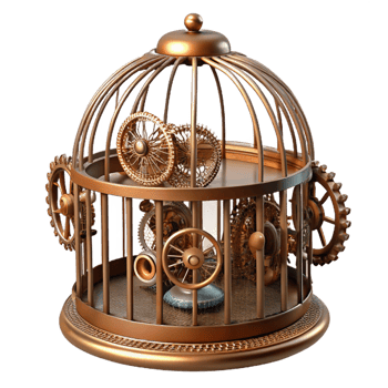 standout rustic Steampunk birdcage with intricate wirework and gear mechanisms. NO BACKGROUND with Transparent Background. crisp png