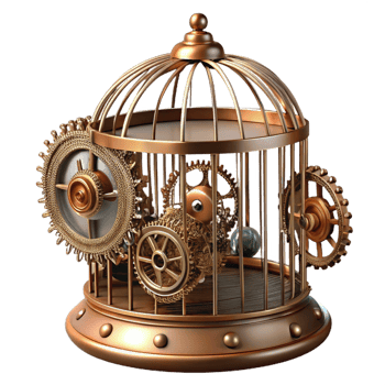 ethereal exquisite Steampunk birdcage with intricate wirework and gear mechanisms. NO BACKGROUND with Transparent Background. impeccable png