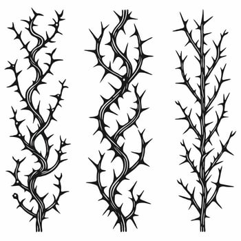 Detailed line art of twigs and thorns. Seamless pattern with tree branches. Set of black dry branches illustration with spikes illustration of the crowns of thorns on a white background. vector