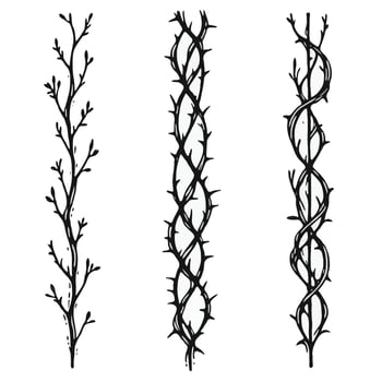 Line art of decorative floral branches with leaves, thorns, and buds. Set of black dry branches illustration. Set of black branches with spikes illustration, twigs and leaves illustration. vector
