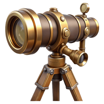 splendid sought-after Steampunk telescope with brass lenses and a wooden tripod mount. NO BACKGROUND with Transparent Background. png