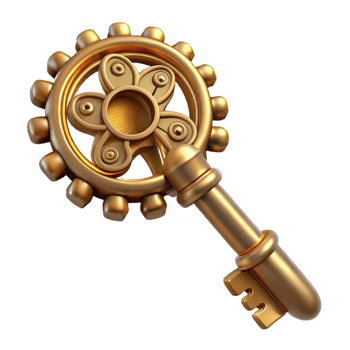 vibrant energetic industrial Steampunk key icon with ornate engravings and a clockwork design. NO BACKGROUND with Transparent Background. sharp png