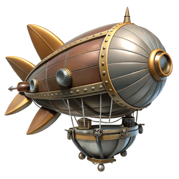 reflective impressive Steampunk airship illustration with propellers and intricate details. NO BACKGROUND with Transparent Background. high quality png