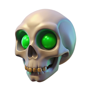 intense immaculate A single, withered skull with glowing green eyes, NO BACKGROUND with Transparent Background. high resolution png