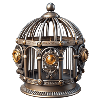 beautiful distinguished Steampunk birdcage with intricate metalwork and decorative embellishments. NO BACKGROUND with Transparent Background. png