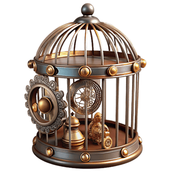 immaculate urban Steampunk birdcage with intricate metalwork and decorative embellishments. NO BACKGROUND with Transparent Background. studio quality png