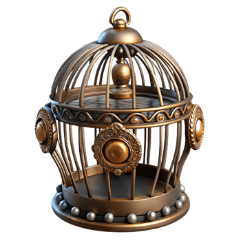 alluring impressionist Steampunk birdcage with intricate metalwork and decorative embellishments. NO BACKGROUND with Transparent Background. museum quality png