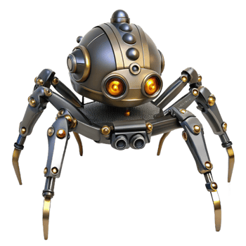 striking renaissance Steampunk robotic spider with intricate legs and glowing eyes. NO BACKGROUND with Transparent Background. 4K png