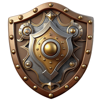 inspired minimalist Steampunk shield with intricate metalwork and decorative embellishments. NO BACKGROUND with Transparent Background. high quality png