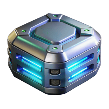 whimsical spectacular Sci-fi data storage device, glowing lights, futuristic design, metallic casing NO BACKGROUND with Transparent Background. high resolution png
