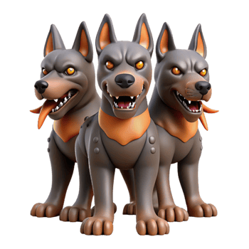 impressive organic Cerberus, three-headed dog, guarding underworld, NO BACKGROUND with Transparent Background. high quality png