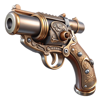 immaculate passionate modern Steampunk pistol with ornate engravings and a pearl handle. NO BACKGROUND with Transparent Background. gallery standard png