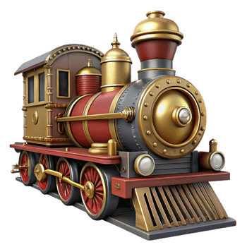 gorgeous intense geometric Steampunk train locomotive, isolated front view. NO BACKGROUND with Transparent Background. refined png