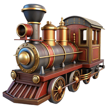 majestic urban Steampunk train locomotive, isolated front view. NO BACKGROUND with Transparent Background. impeccable png