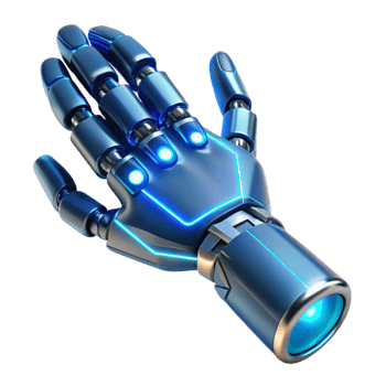 energetic captivating Cybernetic prosthetic arm with glowing blue circuitry. NO BACKGROUND with Transparent Background. perfect clarity png