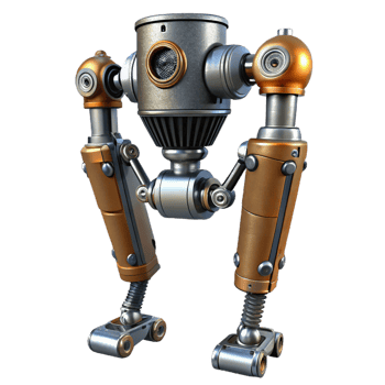 exquisite celebrated Steampunk robotic leg with articulated joints and exposed pistons. NO BACKGROUND with Transparent Background. png