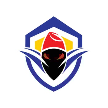 Shield with wings and crown design featuring a sword and face mask illustration in a cartoon style with red accents, symbolizing strength and protection vector