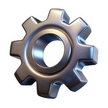 ethereal dazzling A single, stylized gear made of metallic cogs. NO BACKGROUND with Transparent Background. gallery standard png