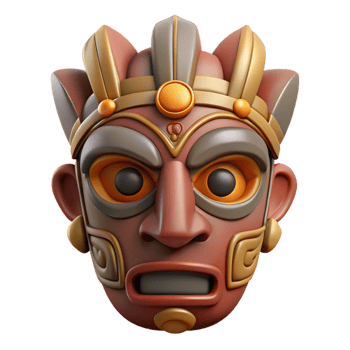 pristine playful tropical A stylized tribal mask, with intricate carvings. NO BACKGROUND with Transparent Background. top-tier png