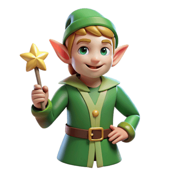 vibrant urban A stylized, cartoon-style elf, holding a magic wand. NO BACKGROUND with Transparent Background. exclusive png